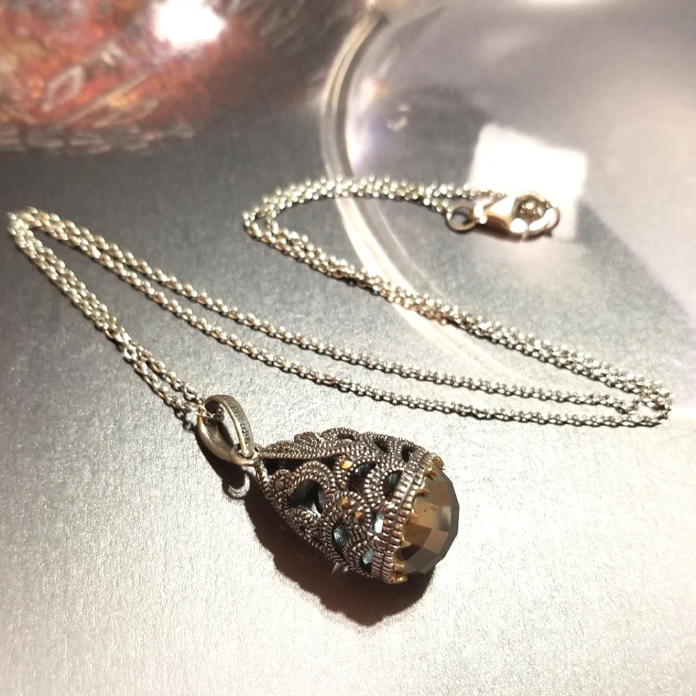 VTG Designer signed MARC Hematite Marcasite Egg Pendant Necklace - Picture 2 of 7